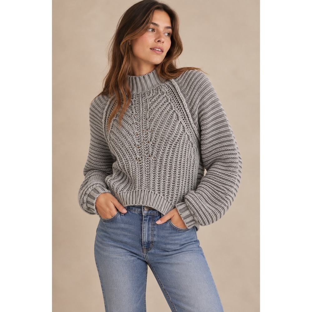 Free People My Only Sunshine Grey Cotton Cable Knit Mock Neck Sweater Small